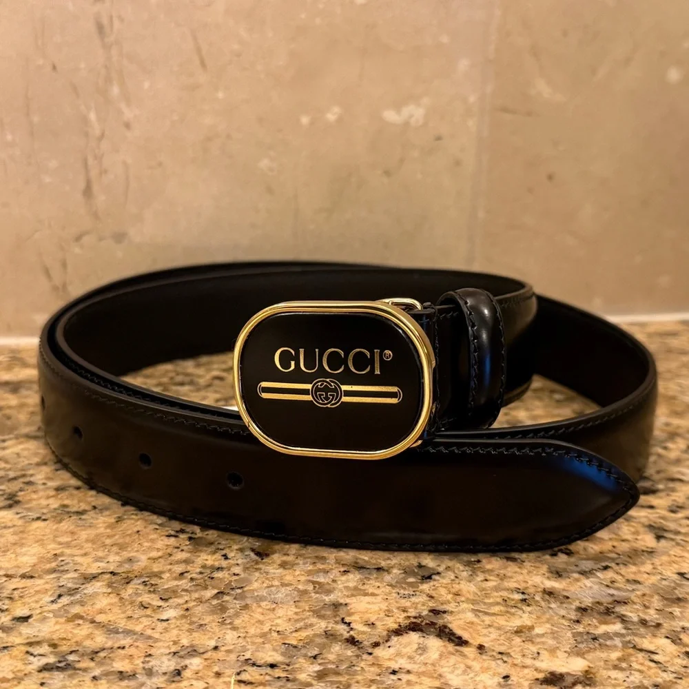 Gucci Leather Belt Black with Gold Buckle